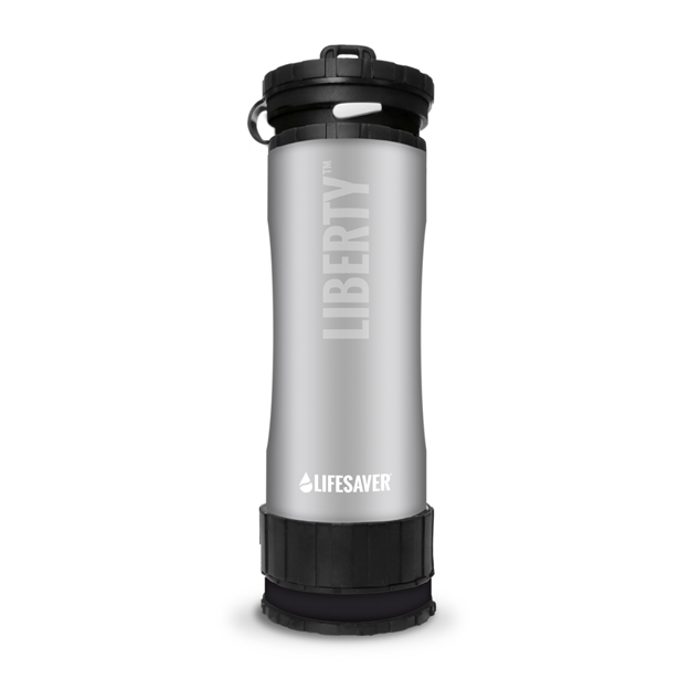 Silver water bottle with black lid and 'Lifesaver' branding on a white background