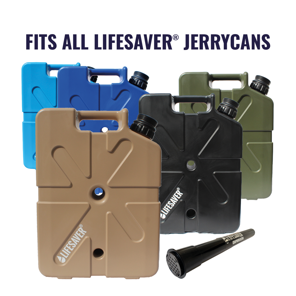 Collection of Lifesaver jerry cans in various colors with a graphene:ultra filter on a white background.