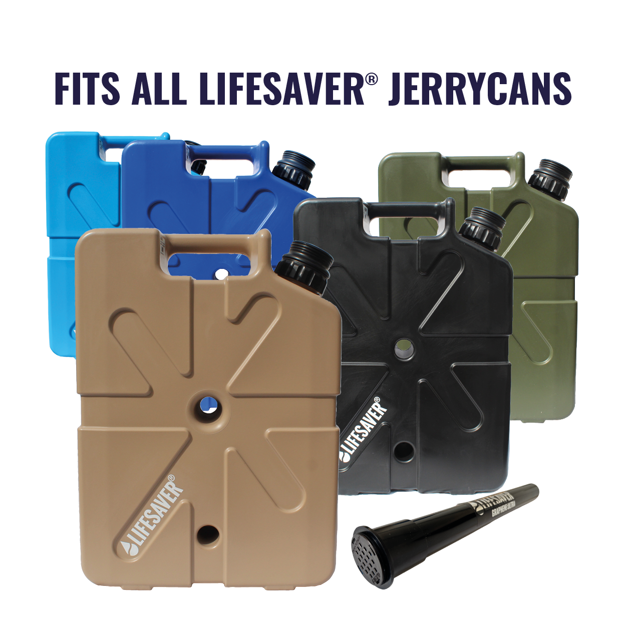 Collection of Lifesaver jerry cans in various colors with a graphene:ultra filter on a white background.