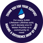 Circular sticker with text and a water droplet icon on a blue background