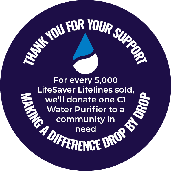 Circular sticker with text and a water droplet icon on a blue background