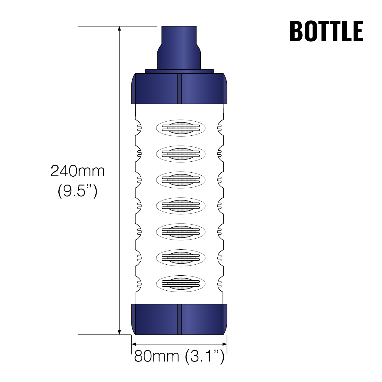 Graphic showing the dimensions of a Bottle Filter Cartridge