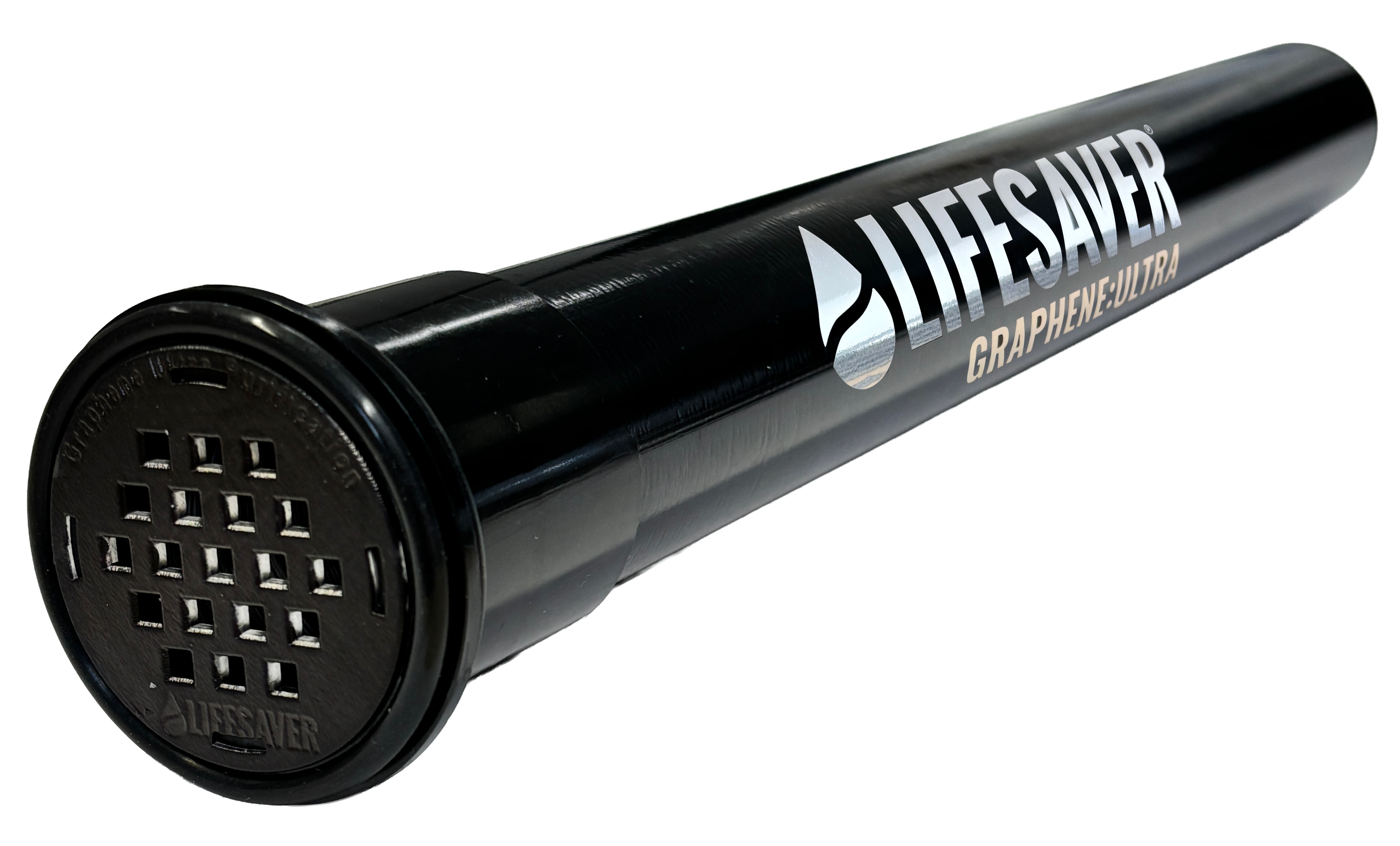 Black graphene:ultra jerrycan filter cartridgewith 'Lifesaver' branding on a white background