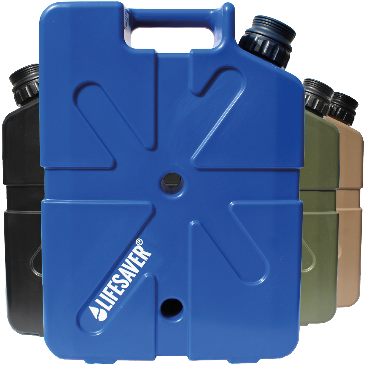 Blue water container with 'Lifesaver' branding, surrounded by other colored containers on a white background.
