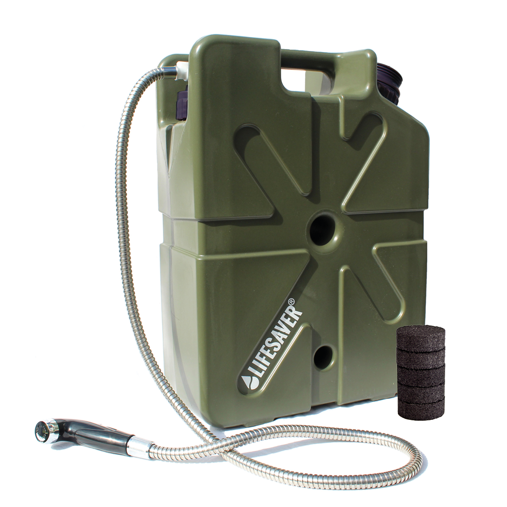 Green water filter with hose and replacement filters on a white background