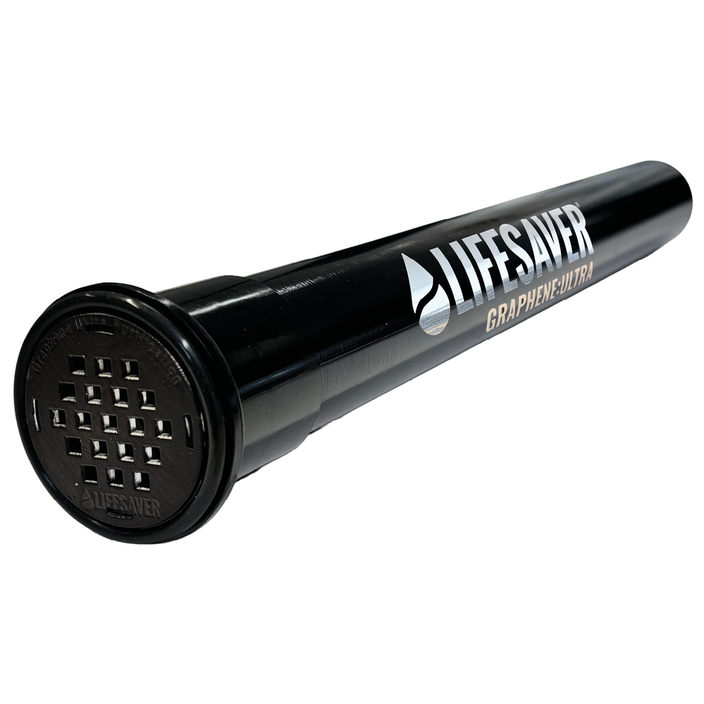 Black cylindrical product with 'Lifesaver' branding on a white background