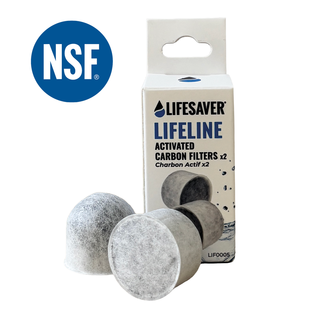 Lifesaver Lifeline activated carbon filters with packaging and NSF logo on a white background
