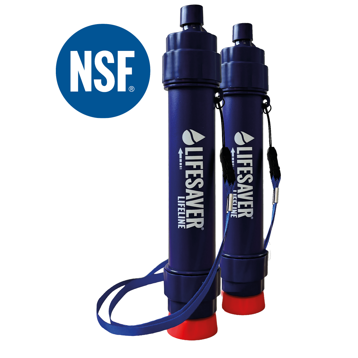 Two blue water filters with red ends and a Lifesaver logo, featuring the NSF logo on a white background.