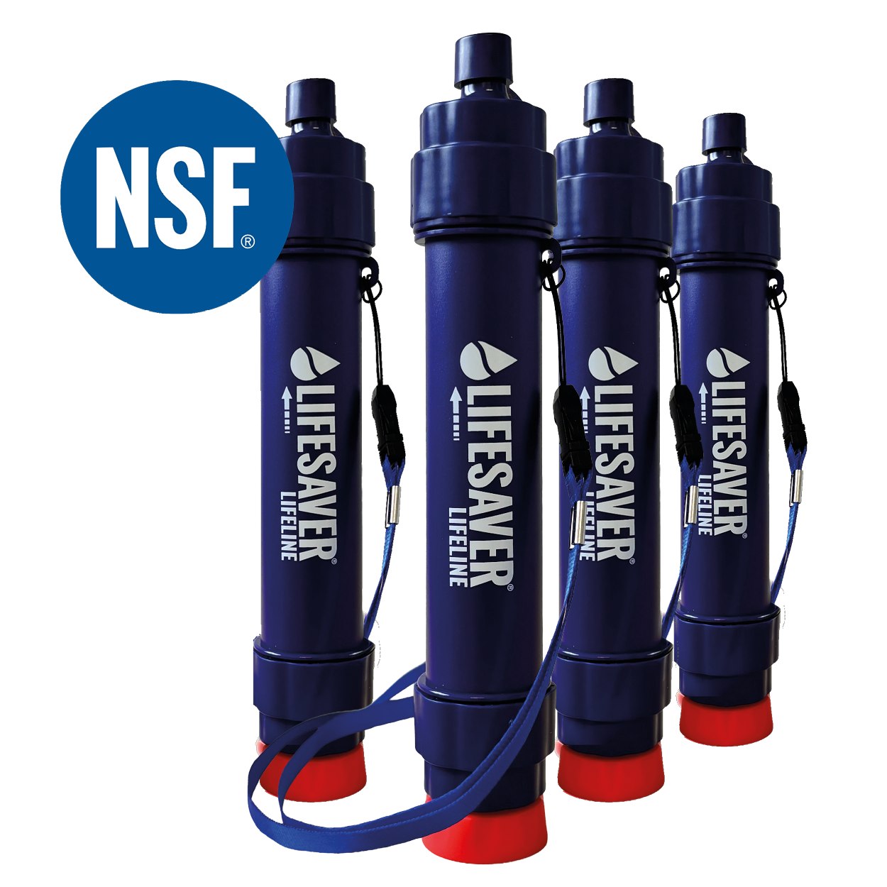 Four blue 'Lifesaver' water filters with red ends on a white background, featuring the NSF logo.