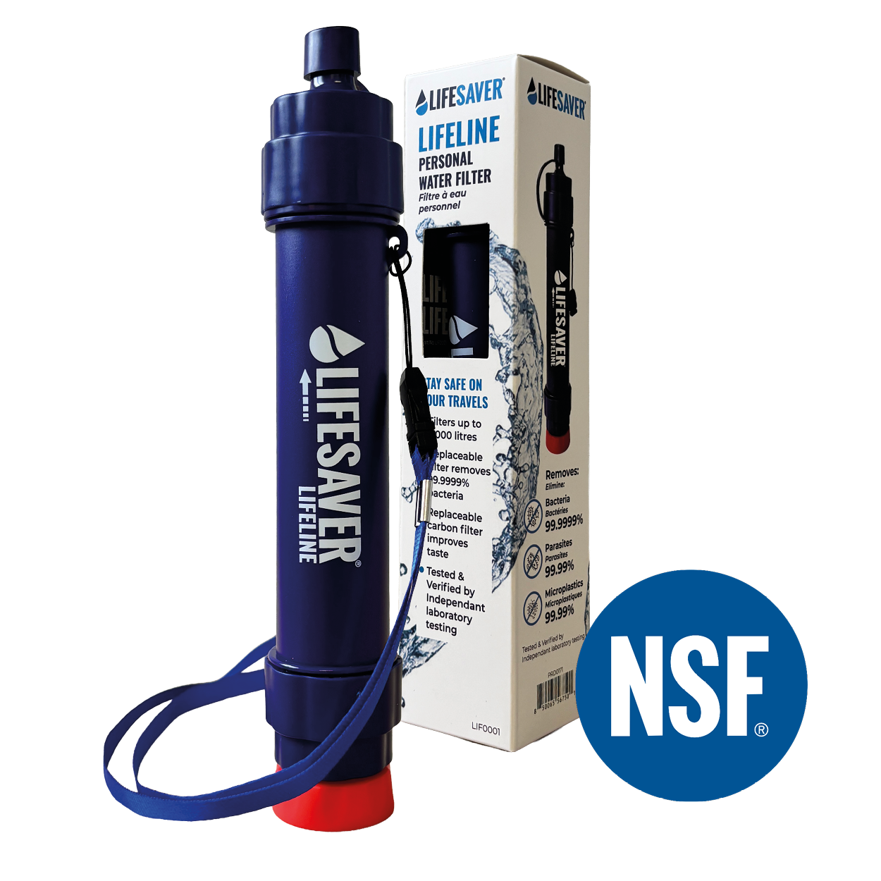 Lifesaver Lifeline personal water filter with packaging and NSF logo on a white background