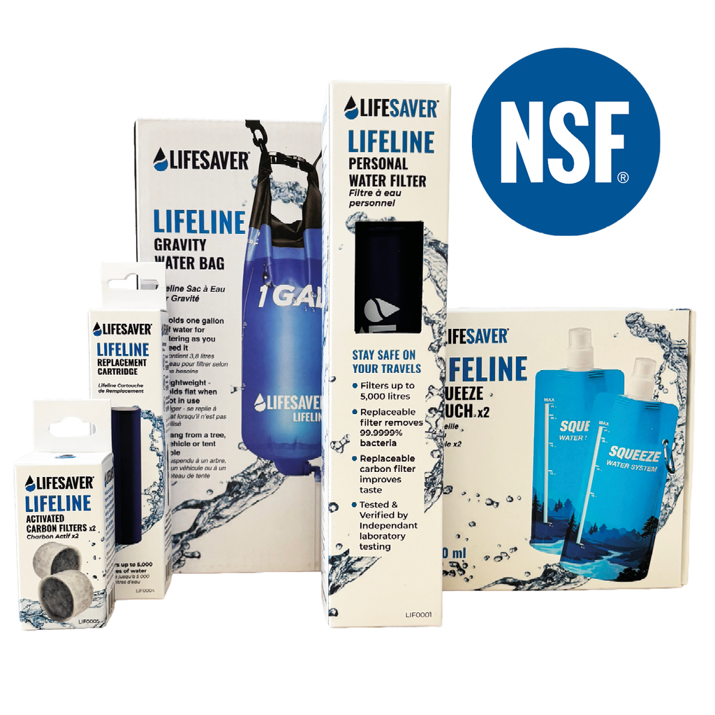 Collection of Lifesaver water filtration products with packaging and NSF logo on a white background