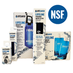 Collection of Lifesaver water filtration products with packaging and NSF logo on a white background