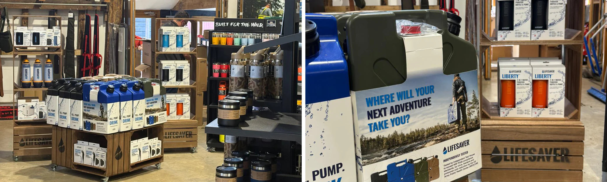 Display of outdoor gear and supplies in a store setting with a focus on a LifeSaver Jerrycan.