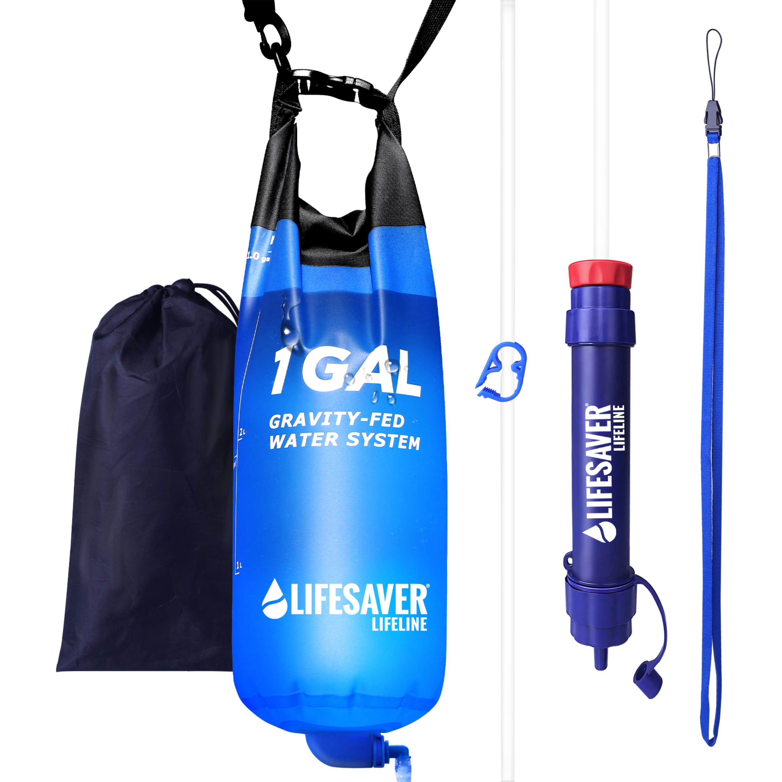Blue gravity-fed water system with a pump and carrying bag on a white background