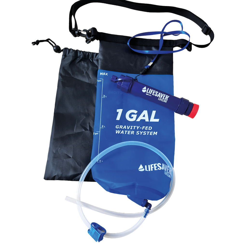 LifeSaver Lifeline 1 gallon gravity-fed water system with black drawstring bag on a white background
