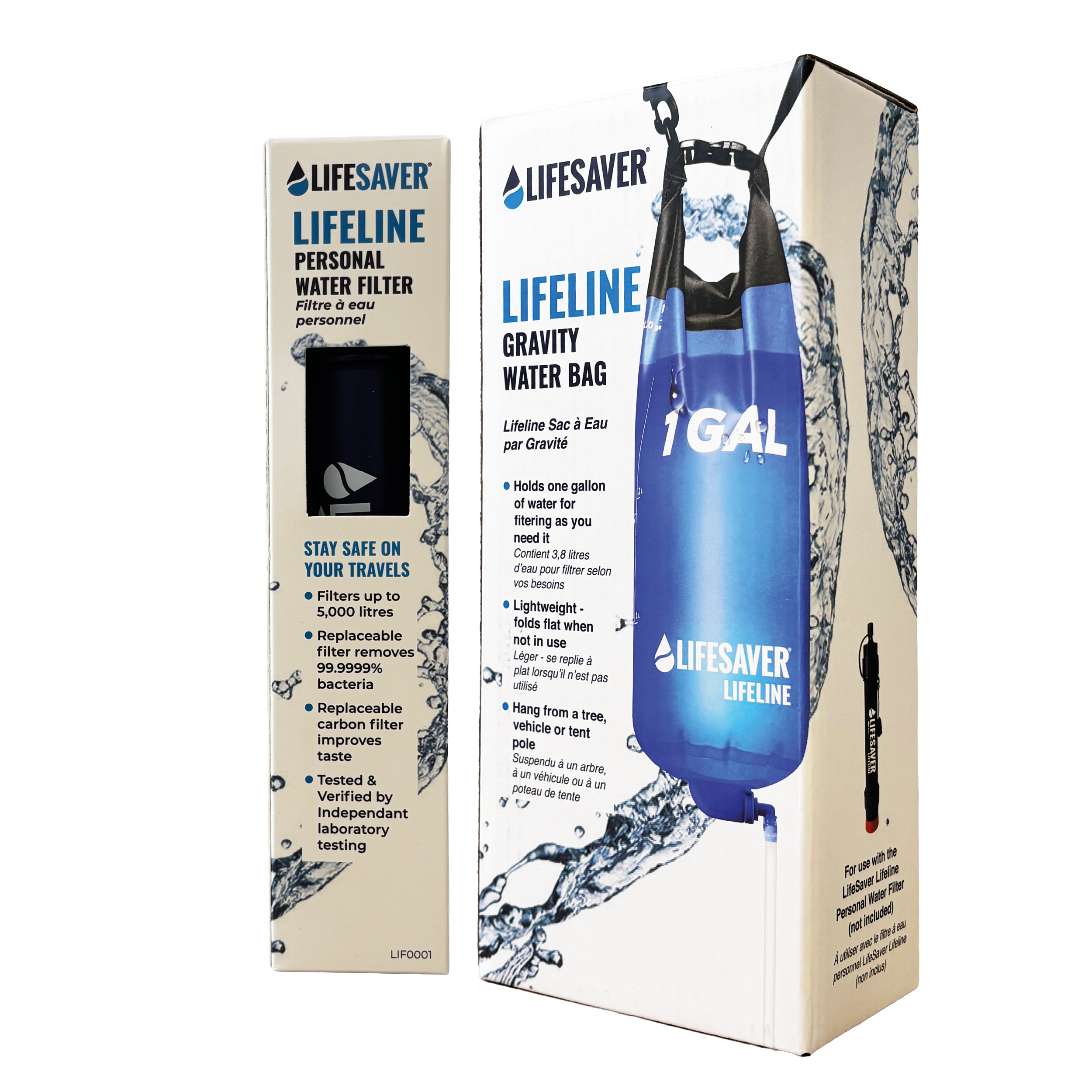 Lifesaver Lifeline personal water filter packaging with blue gravity bag on a white background