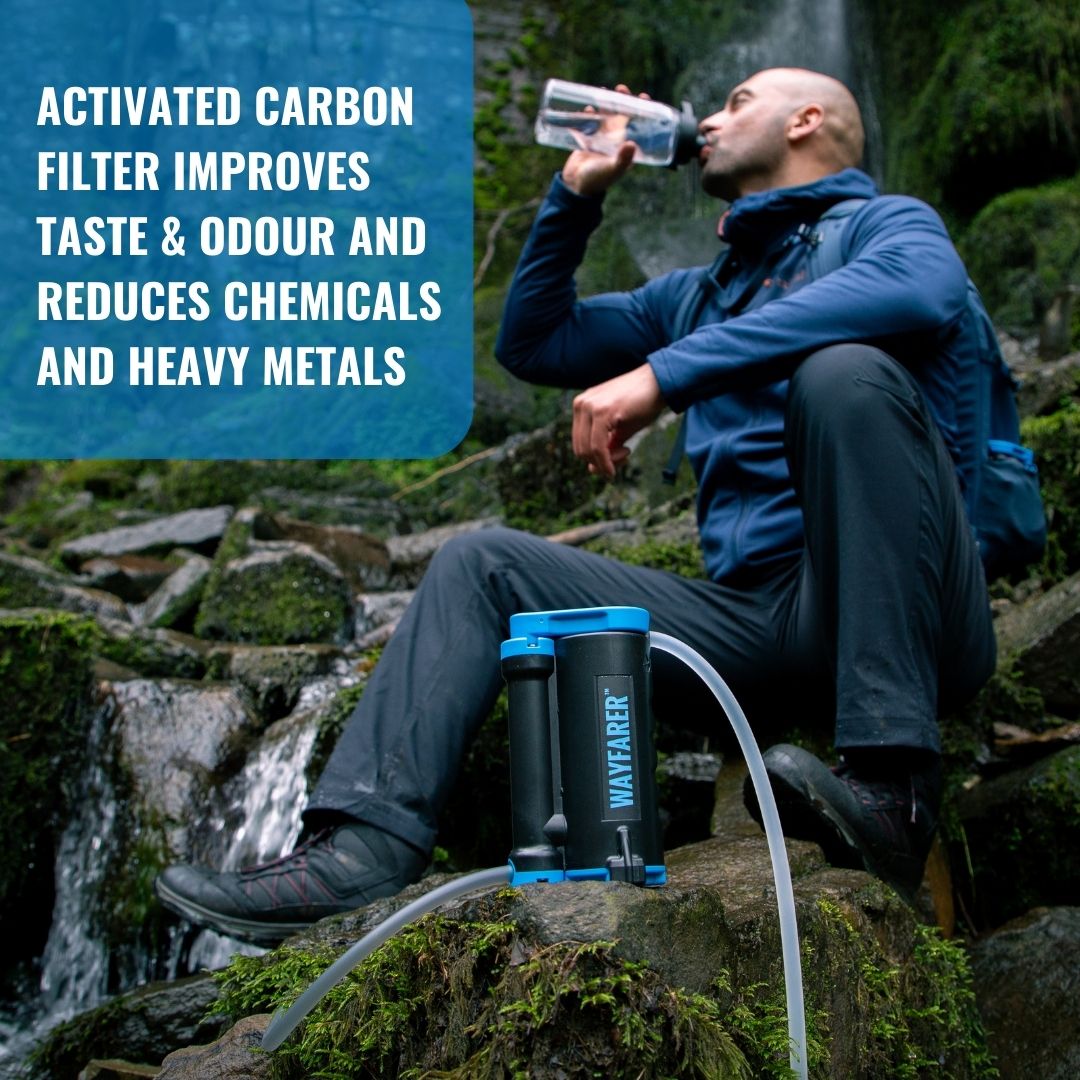 Hiker drinking water purified using a LifeSaver Wayfarer