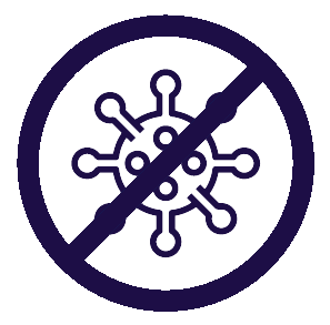 Prohibition symbol with a virus icon inside on a white background