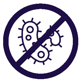 Prohibition symbol with a stylized germ or virus icon inside a circle.