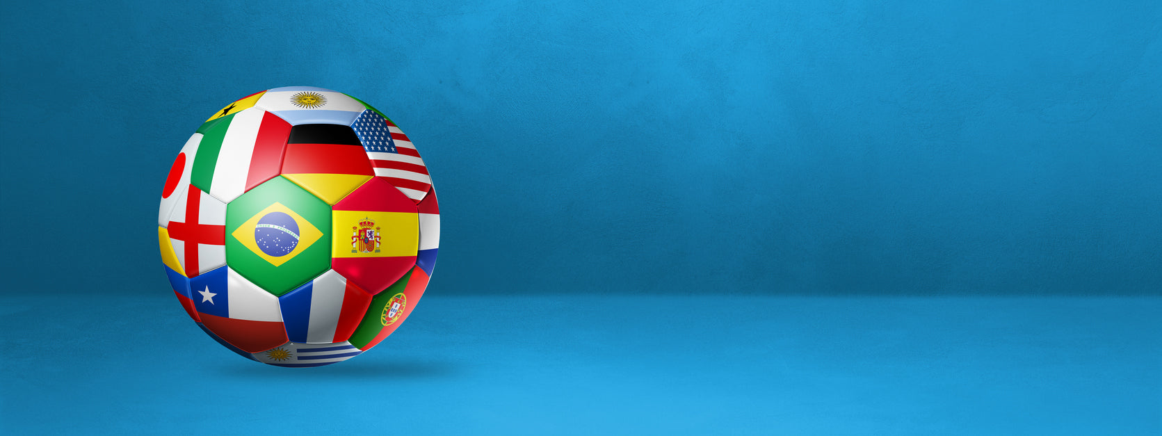 Soccer ball with various country flags on a blue background